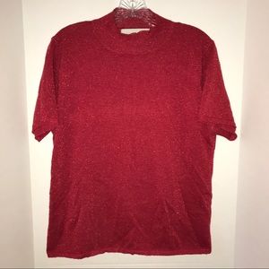 Sag Harbor sparkly top, red with metallic threads, pullover mock turtleneck